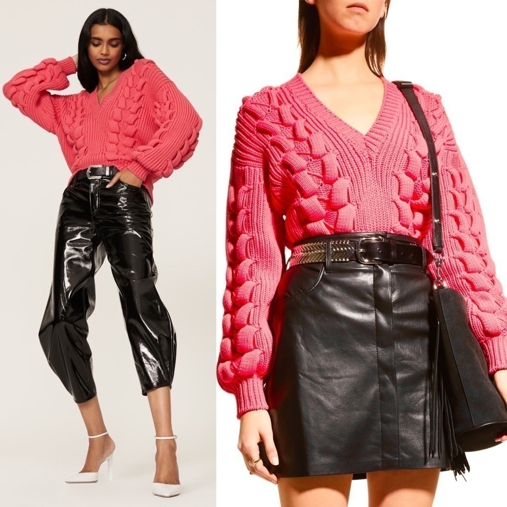 IRO Oversized‎ Chunky Cable Knit Puffed Balloon Sleeve Ribbed V-Neck Sweater XL